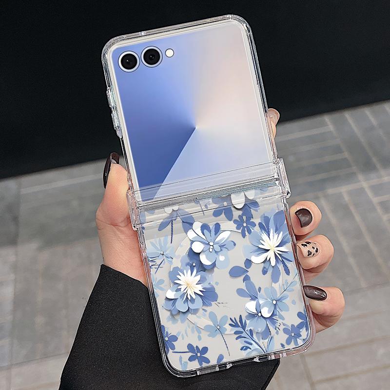 For Samsung Z Flip 7 6 5 4 Case Magnetic For Magsafe Blue and White Flowers Hinged Hard PC Folding Cover For Galaxy Z Flip7 Flip6 Flip5
