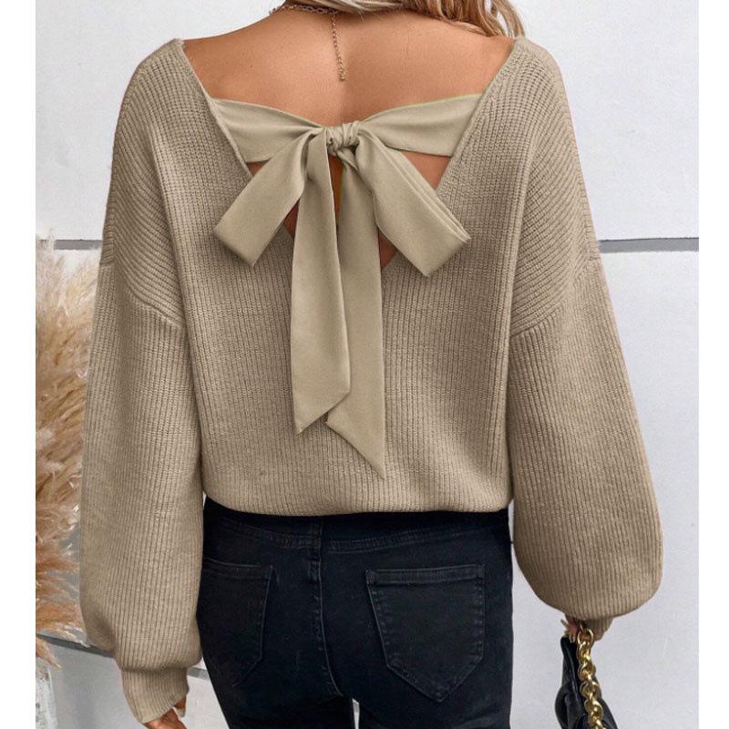 European & American V-neck Bowknot Sweater - Women's Casual Autumn/Winter Long Sleeve Loose Top