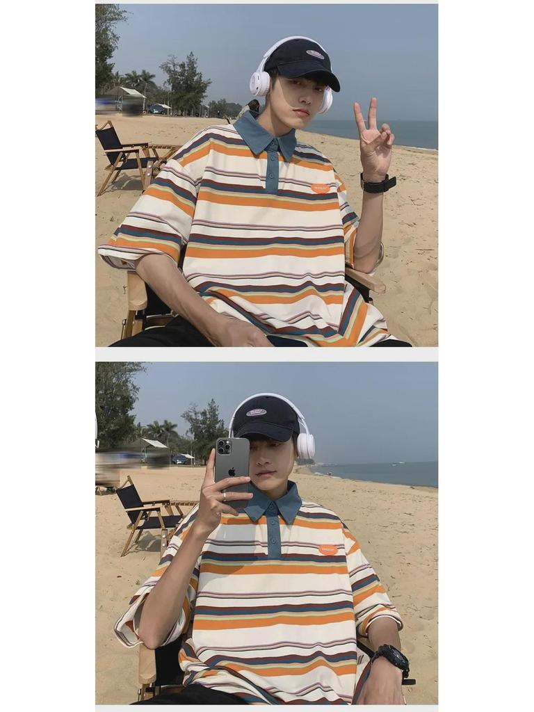 Męska koszulka polo w paski Harajuku - Modna, luźny krój, casualowy styl hip-hopowy