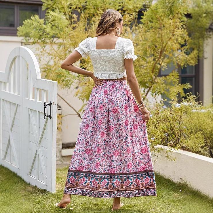 Women's 2025 Bohemian Floral Print Pleated Maxi Dress with Elastic High Waist