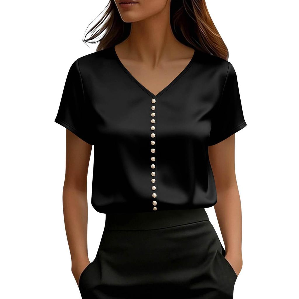 Top de damă din satin cu mânecă scurtă, Bluză elegantă de vară cu decolteu în V și nasturi perlă, Top casual formal,