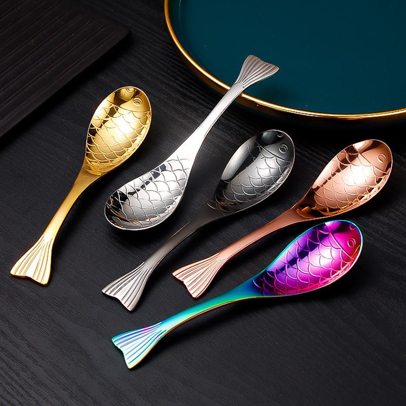 304 Stainless Steel Fish-shaped Tea Spoon Golden Thickened Coffee Spoons Dessert Cake Tools Colors Kitchen Table Decoration