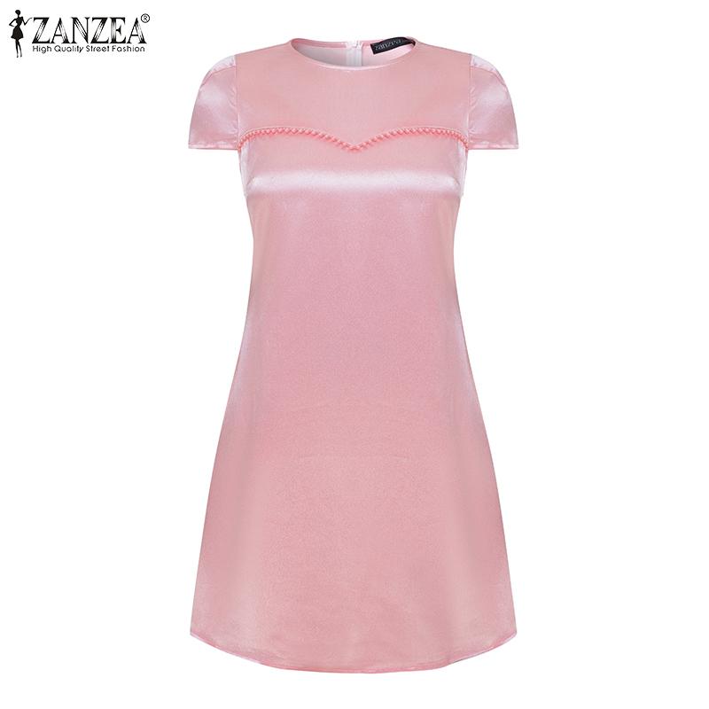 ZANZEA Damen Lässiges Sommerkleid mit Rundhalsausschnitt und kurzen Ärmeln