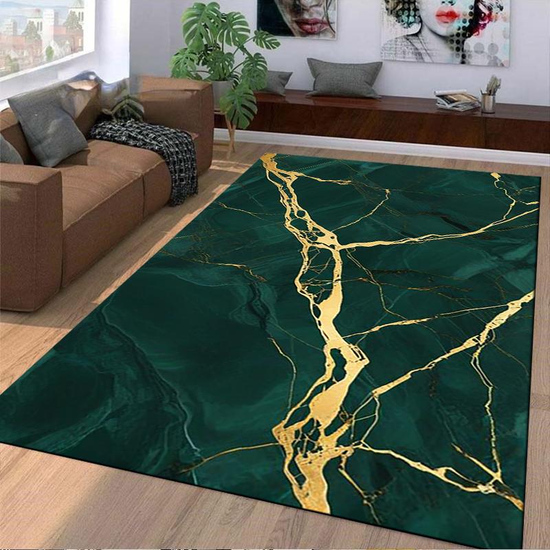 Green Marble Pattern Carpet with Gold Veins, Modern Luxury Decor Rug Suitable for Use As an Anti-slip for Living Room Bedroom Sofas