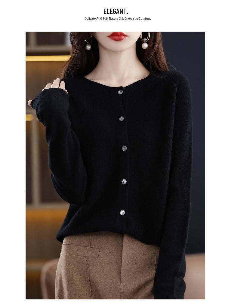 2026 Autumn/Winter Women's Seamless Cashmere Crew Neck Sweater - High-end Pure Wool Knitted Cardigan