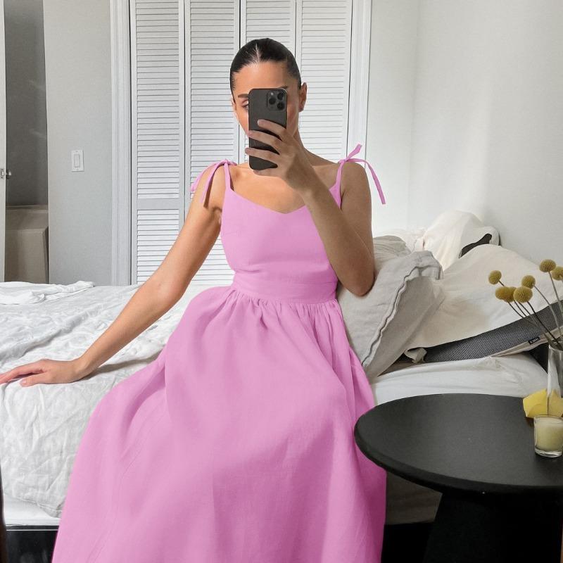 French Khaki Cotton Linen Breathable Halter High Waisted Dress Holiday Style Long Skirt Woman