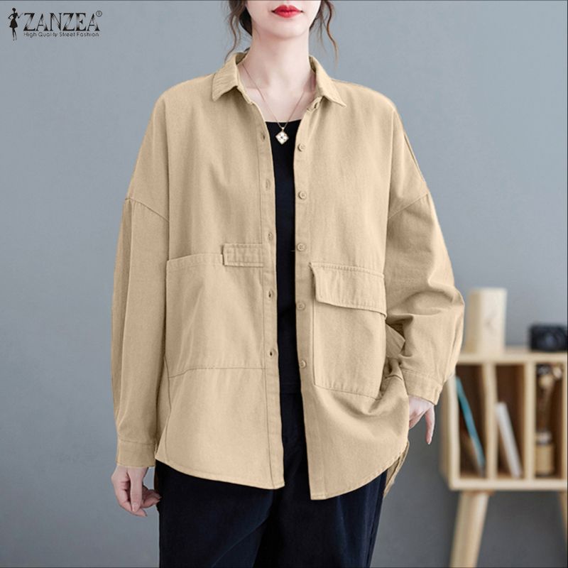 ZANZEA Oversized Women Turn Down Collar Long Sleeve Solid Casual Blouse Shirts