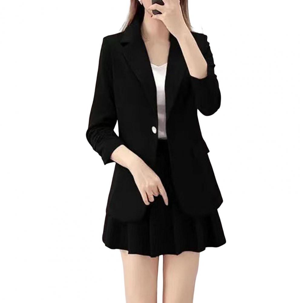 

2 шт./компл., комплект с юбкой, женский весенне-осенний комплект с лацканами и длинными рукавами, костюм на одной пуговице, плиссированный комплект с мини-юбкой, одноцветный комплект M чёрный