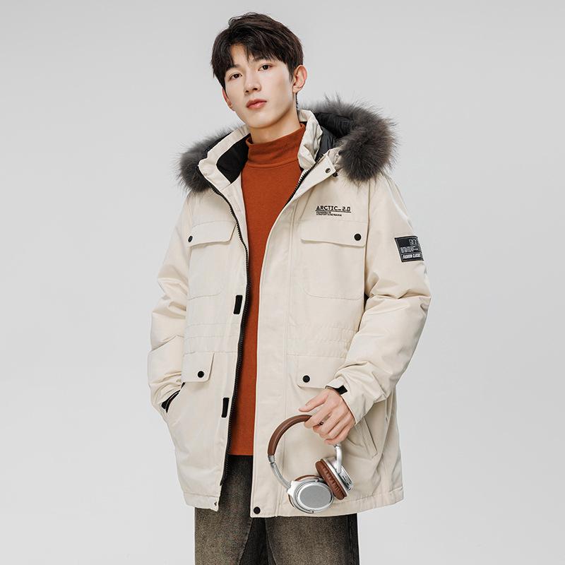 New down jacket men's medium and long large fur collar hooded jacket winter tooling trendy brand sports and leisure warm coat