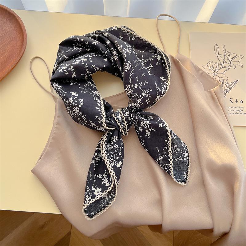Women's Retro Floral Silk Cotton Scarf: Black Rice Square, Hair Band, Neck Warmer, Headscarf - Spring/Summer.