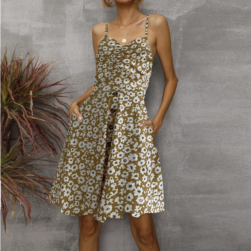 GMXIA Sexy Halter Dress Spring and Summer Large Size Printed Floral Medium Short Skirt