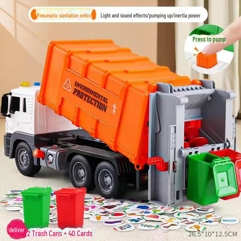 Inertial Garbage Truck Toy with Inflatable Lift and Sorting Bins - Kids' Sanitation and Sweeping Simulation