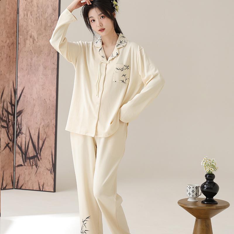 Women's Long Sleeve Cotton Pajamas: Chinese-Style, Loose-Fit, Printed Cardigan Set for Spring and Autumn
