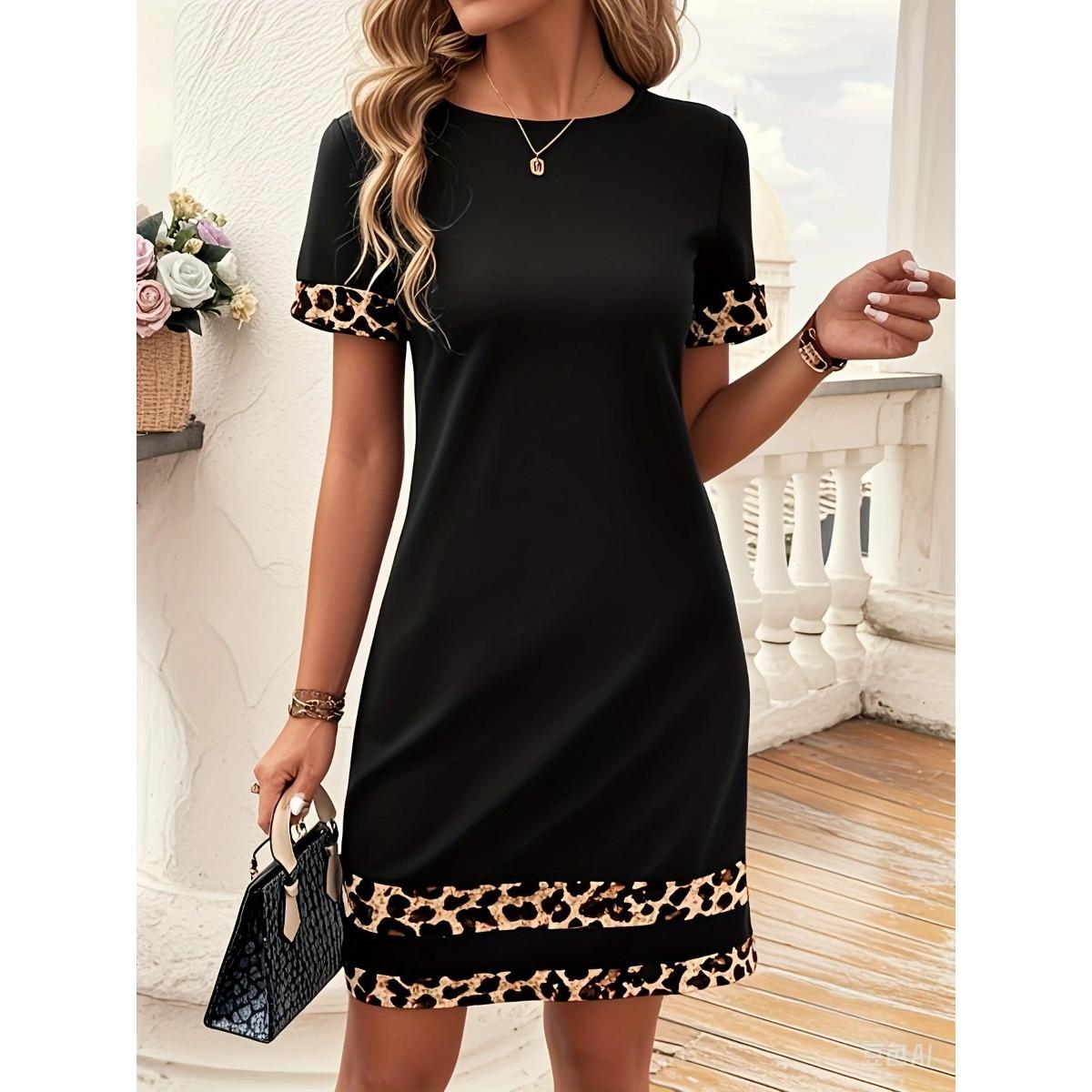Summer New Women s Short Sleeve Fashion Leopard Print Dress Elegant Commuter Casual Dress S чёрный