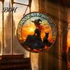 Witchcraft Aesthetic Room Decor Halloween Moon Black Cat Suncatcher Jigsaw Puzzle, 2D Acrylic Mystical Feline Window Hanging Decor, 7.87 Inch