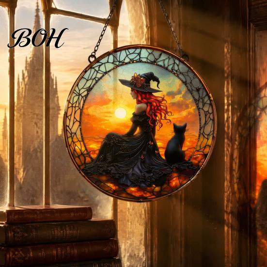 Witchcraft Aesthetic Room Decor Halloween Moon Black Cat Suncatcher Jigsaw Puzzle, 2D Acrylic Mystical Feline Window Hanging Decor, 7.87 Inch