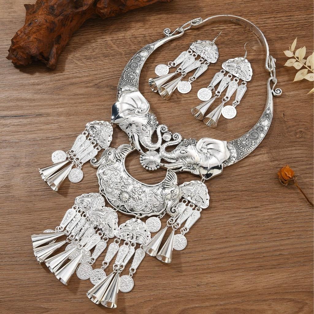Miao Ethnic Elephant Bell Pendant Necklace With Geometric Alloy Design For Women