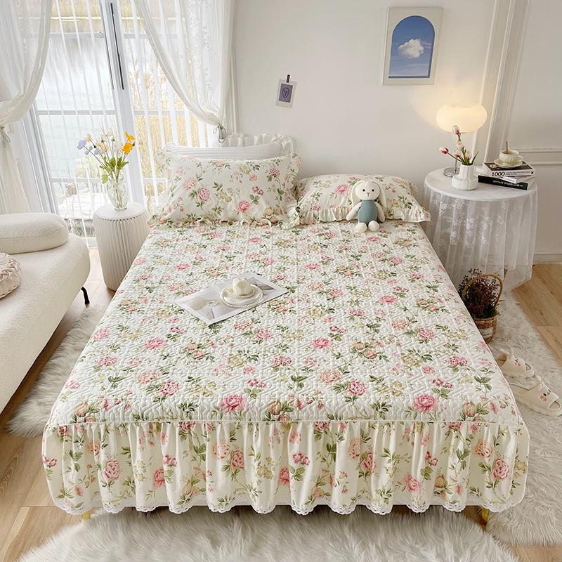 1pc Pure Cotton Thicken Quilted Mattress Cover with Skirt Queen/King Bed Sheet Skirt Elastic Band 200x220cm  (No Pillowcase)