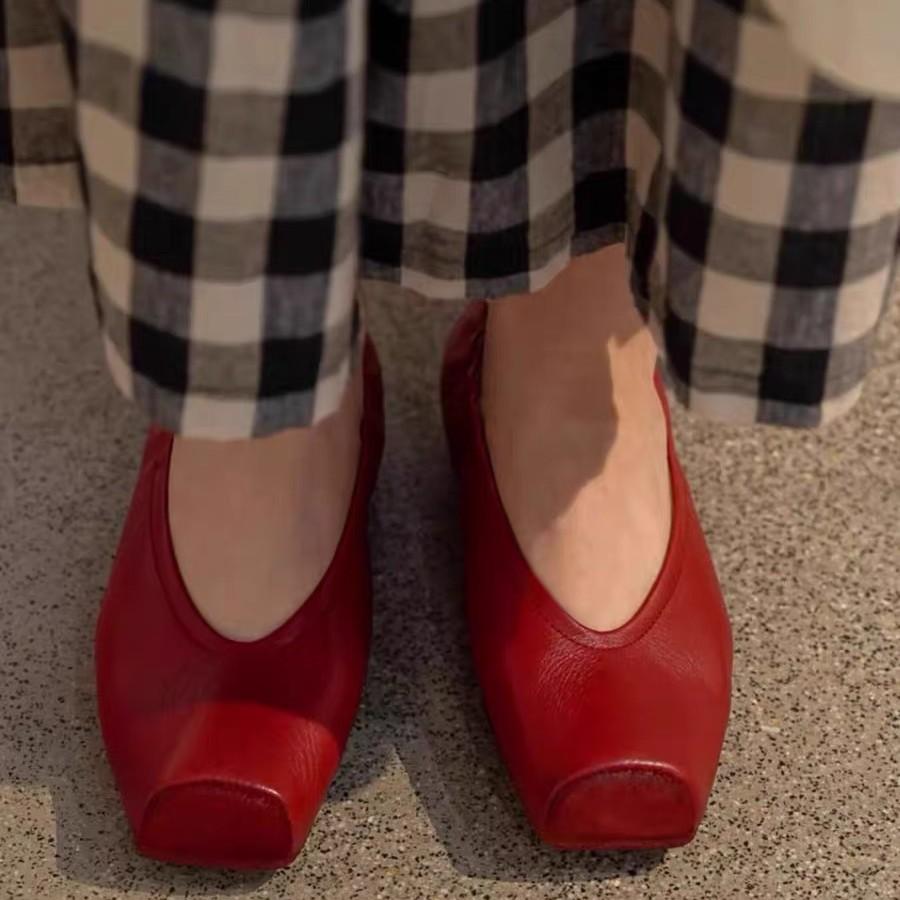 French Square Head Ballet Shoes Women's Leather Flat Bottom Shallow Mouth Grandma Shoes New Mary Jane