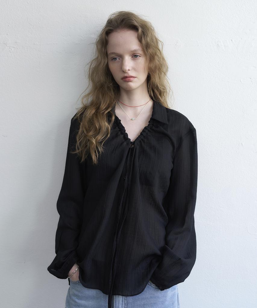 Mosyupamosyu Tie Shirring Blouse [Black]