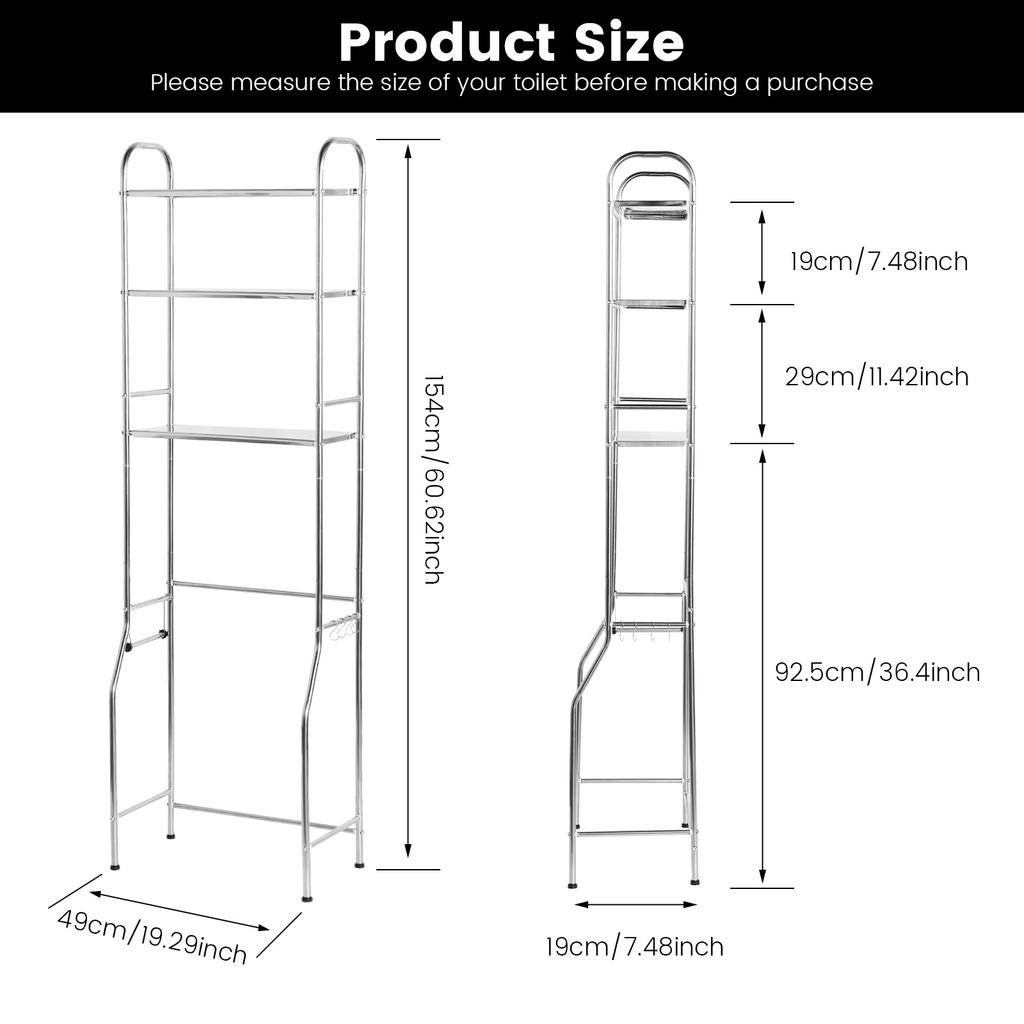 3 Tier Over The Toilet Storage Rack with Hooks and Roll Holder Bathroom Floor-standing Toilet Storage Rack Stainless Steel Shelf