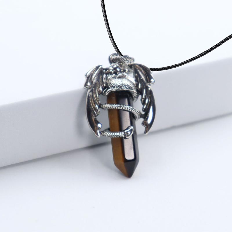 Animal Dragon Man Necklace Natural Gem Stone Healing Pink Quartz Hexagonal Crystal Pendant Vintage Jewelry for Women Gift