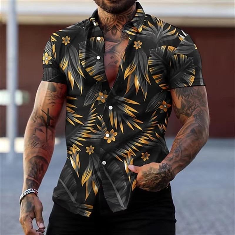 Golden Flower Plant Printing Shirt Summer Hawaiian Beach Vacation Clothing Men's Fashion Street Style Shirt Daily Men's and Women's Shirt