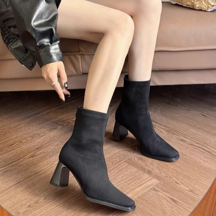 Dicker Absatz Quadratischer Zehenbereich Reißverschluss hinten Erhöhend Kurzstiefel Winddicht Skinny Martin Stiefel Fee Wildleder