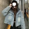 Retro Casual Petite Denim Hooded Puffer Jacket for Women - Stylish Autumn/Winter Design