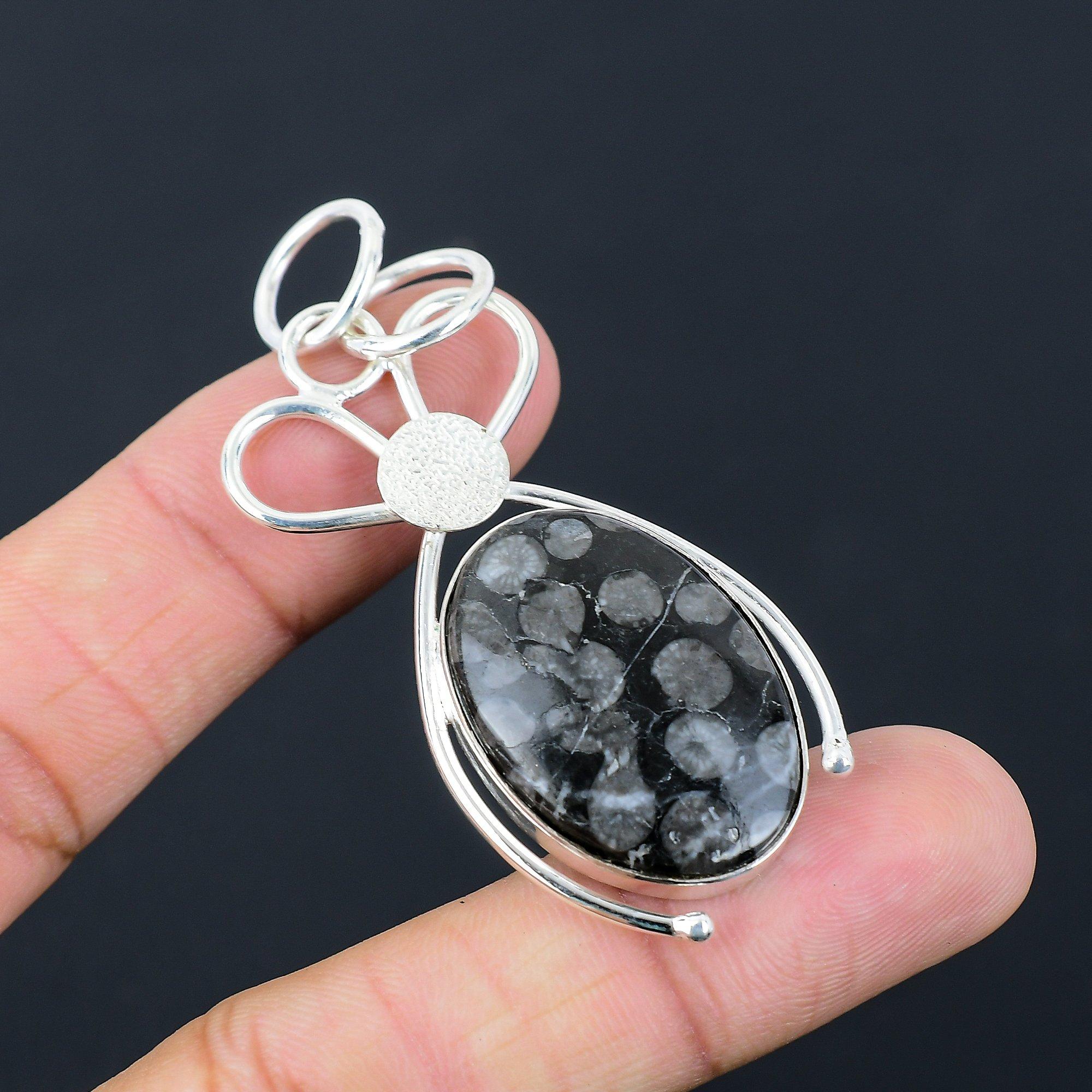 Sterling Silver Oval Root Chakra Black Fossil Coral Stone Sister Wedding Pendant