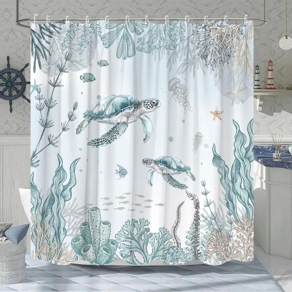 Ocean Animal Shower Curtain Underwater World Coral Nautical Sea Turtle Adventure Home Polyester Fabric Bathroom Decor Curtains