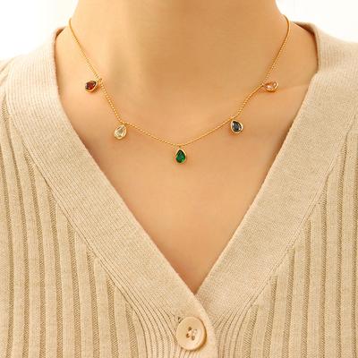 1 Pcs French Ins Style Colorful Zirconia Pendant Necklace Women Collarbone Chain Titanium Steel Not Lose Color Zircon