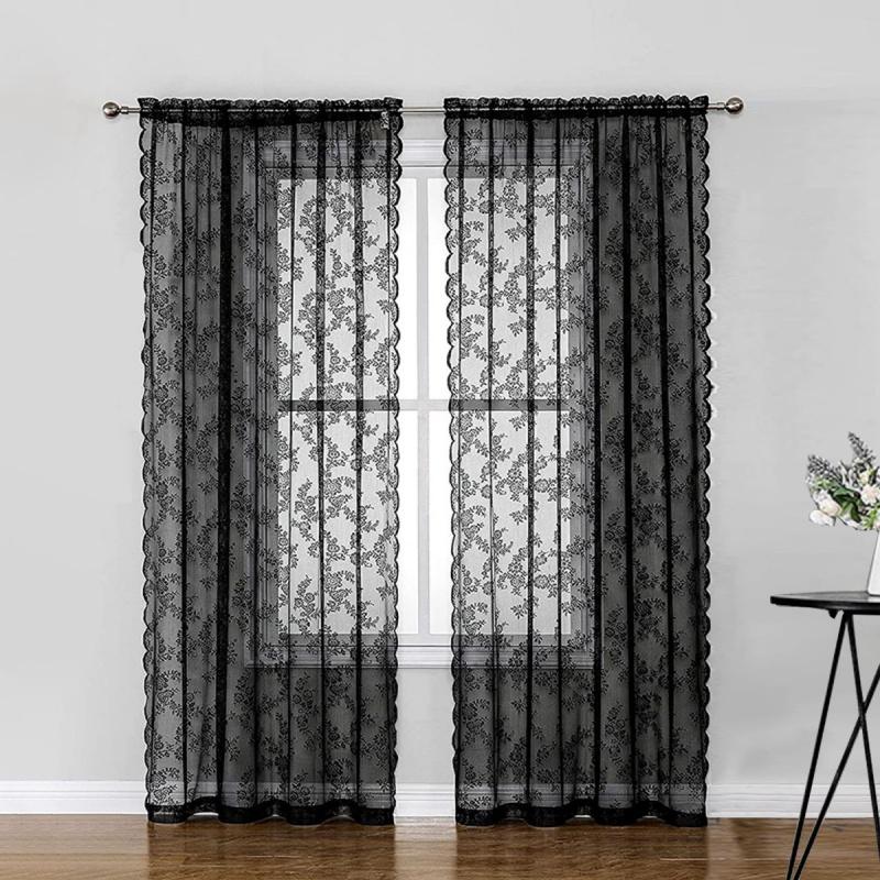 

2pcs Lace Mesh Translucent Black Curtains Rod Through Window Screen 100*200cm
