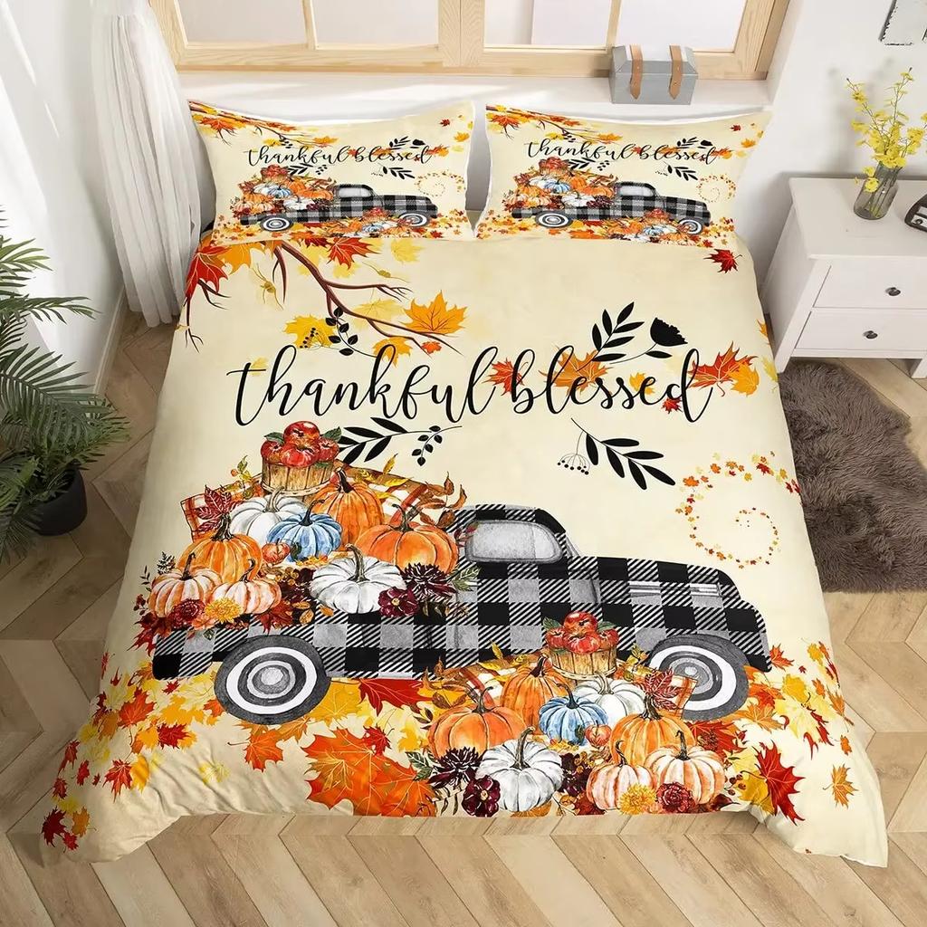 Pumpkin Duvet Cover Set Maple Leaves Bedding Sets Thanksgiving Plant Pattern Comforter Cover Set Autumn Harvest Farmhouse Decor
