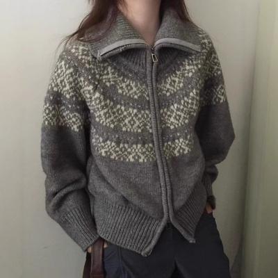 Jacquard Reißverschluss Kurzer Gestrickter Damen Cardigan Herbst und Winter Neu Fair Isle Pullover Weihnachten Vintage Jacke