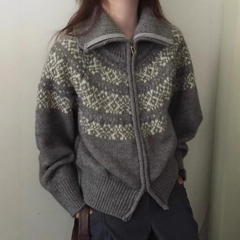 Jacquard Zipper Short Knitted Women's Cardigan Autumn and Winter New Fair Island Sweater Christmas Vintage Jacket