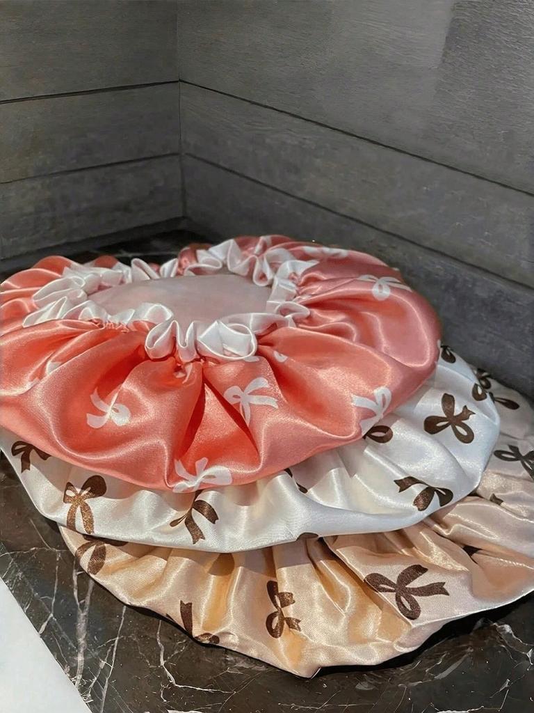 Waterproof Double-Layer Bow Shower Cap, Elastic Shower Cap, Adult Kitchen Oil-Proof Cap, Bathroom Hair Drying Cap