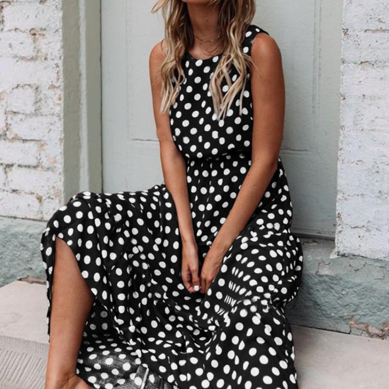 

Summer-Autumn Fashion: Sweet Polka Dot O-Neck Sleeveless Midi Dress for Girls XXL чорний