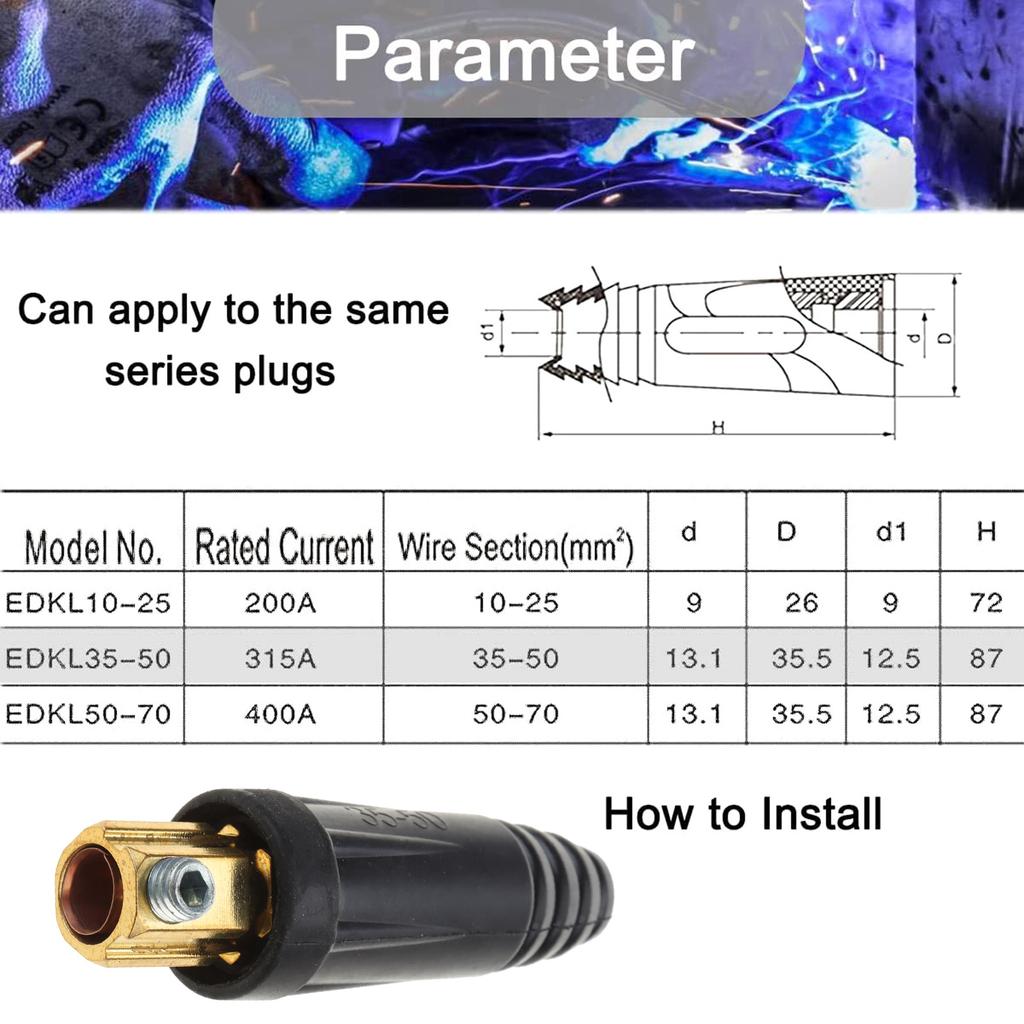 2x Welding Cable Joint Quick Connector Pair DINSE-Style 200Amp-300Amp DKJ35-50 DKL35-50 SQ-MM (#4-#1) for Welder Machine