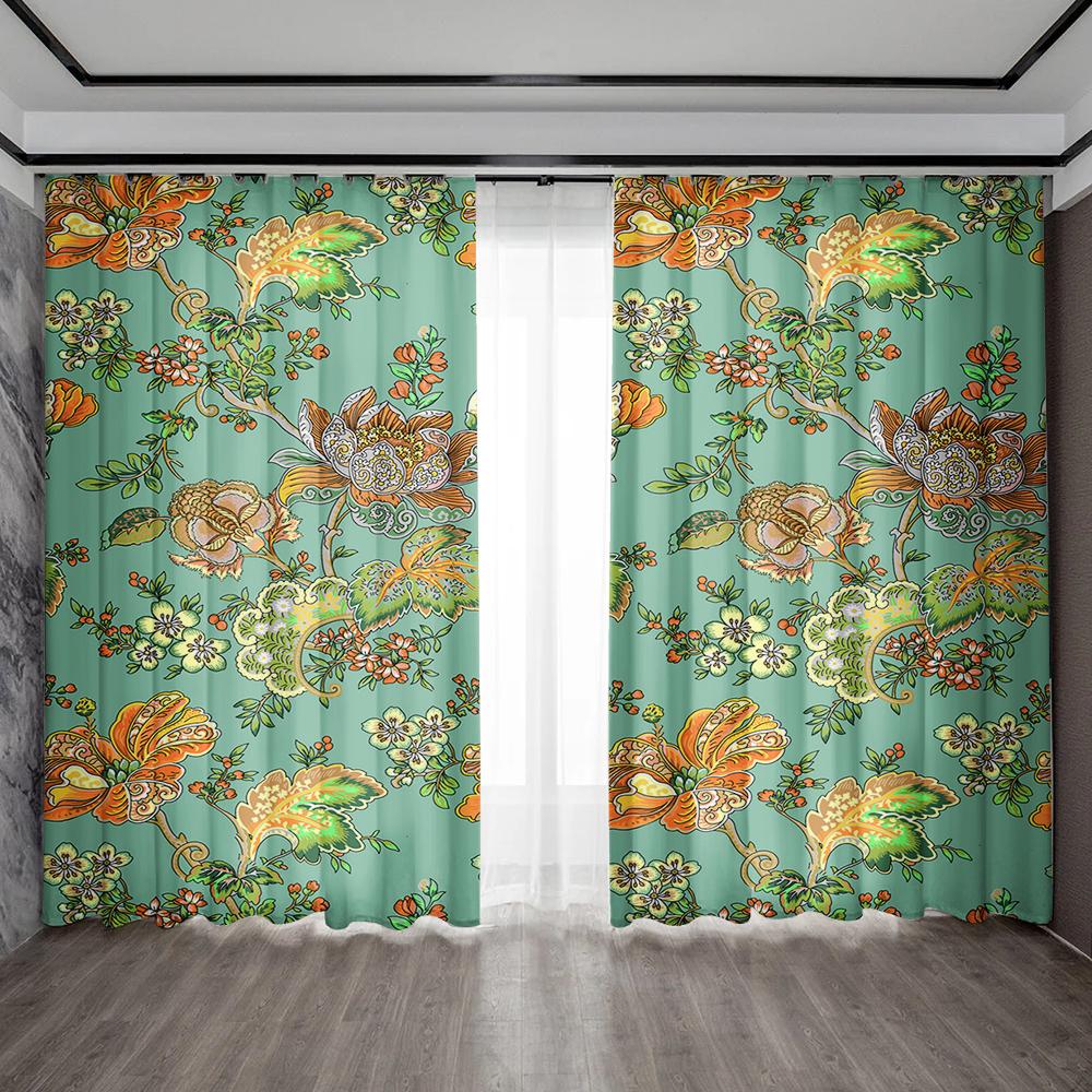 

2 шт. Шторы для украшения дома с большими зелеными цветами и карманами для штанг, кухня, кофейня, гостиная, балкон, сад 75x166cm&Without mount