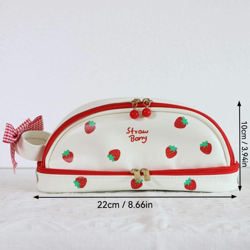 Cute Strawberry Love Pen Bag For Cool Girl Pu Easy To Clean Butterfly Knot Stationery Storage Bag Birthday Gift Pen Bag 1pc