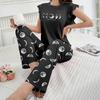 Summer Pijama Women Graphic Print Pajamas Set Short Sleeve Crew Neck Tops Elastic Waistband Pants Women's Black Sleepwear Loungewear Pj