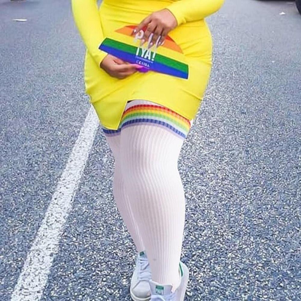 Knitted Thigh High Socks Plus Size Leg Warmer Rainbow Striped Tube Socks Thick Thighs