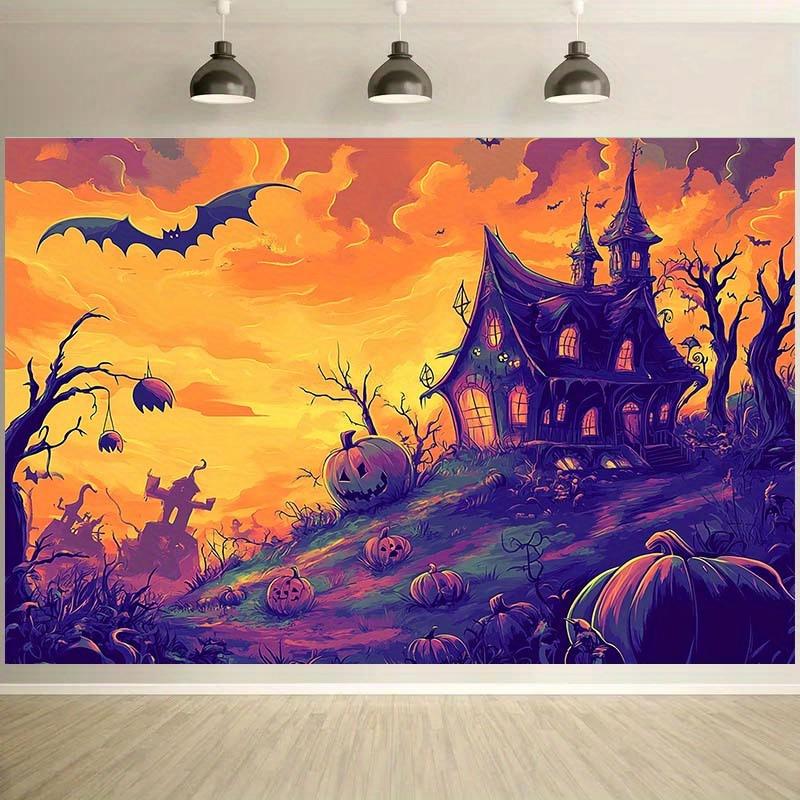 1pc Halloween Background - Terrifying Cursed House with Pumpkin Bat and Orange Sky Halloween Decoration 150X100