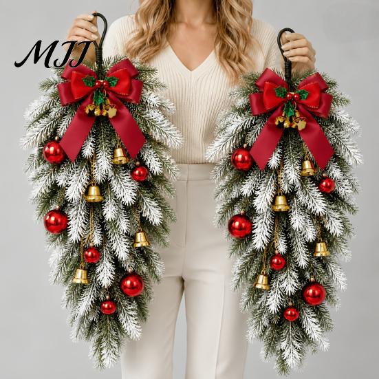 Faux Botanicals for Office Table Teardrop Swag with Red Bow Bells Ornaments, Frosted Artificial Pine Hanging Fake Floral Arrangements Home Decor