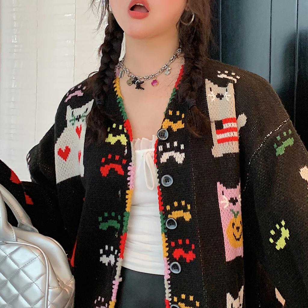 Dimanaf 2025 Flower Sweaters Cardigan Autumn Women Print O-Neck Sweaters Knitting Loose Black Sweater