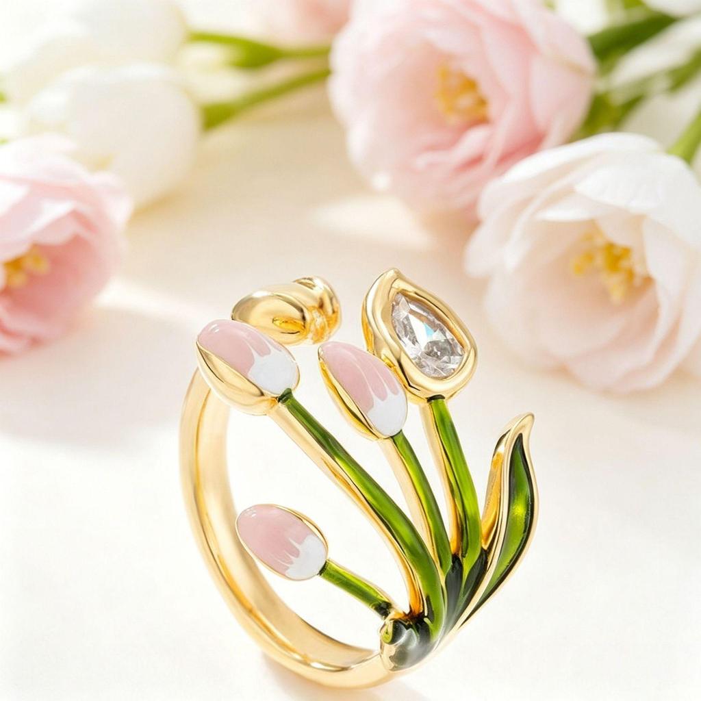 Eleganter Emaille-Tulpenblumenring für Damen - Vielseitiger und femininer Fingerring