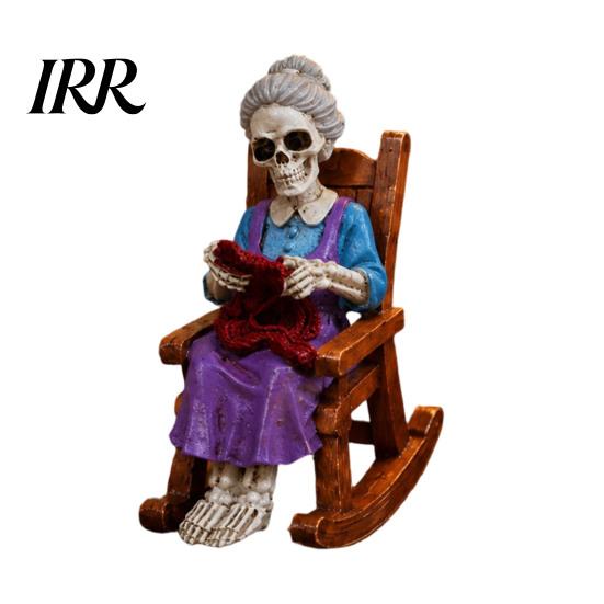 Collectible Skeleton Shelf Sitter Halloween Figurine, Resin Sitting On Rocking Chair Statue, Drinking Funny Dark Holiday Figurines Coffee Crocheting