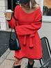 Women's Loose-fit Knitted V-neck Long Sleeve Dress With Belt