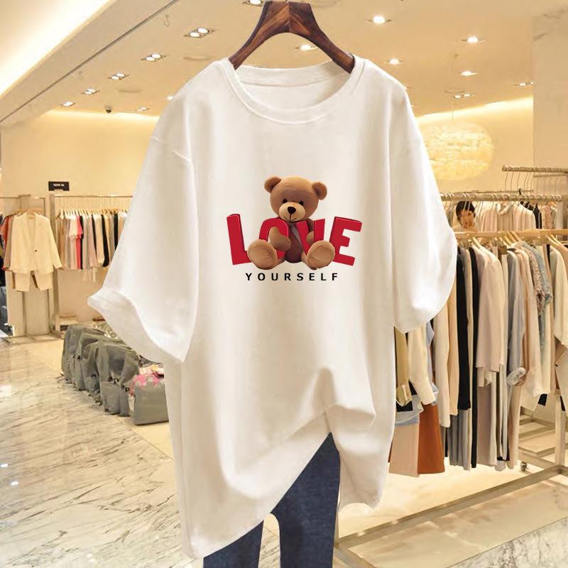 Women's Summer Bear Print Cotton T-Shirt - Korean Style, Loose Fit, Short Sleeve
